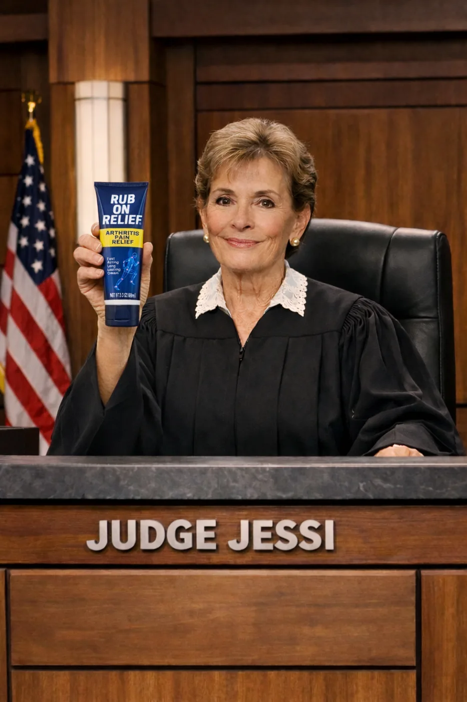 Judge Jessi holding up Rub On Relief in chambers